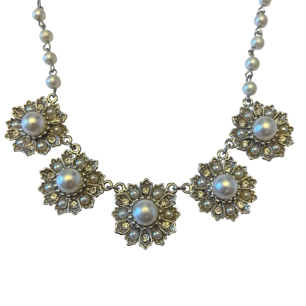 Pave Rhinestone Imitation Pearl Necklace Cluster Bib‎ Wedding Prom Silver Tone